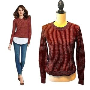 CAbi Melange Lava Stripped 100% Cotton Fisherman Knit Crew Neck Sweater - Orange